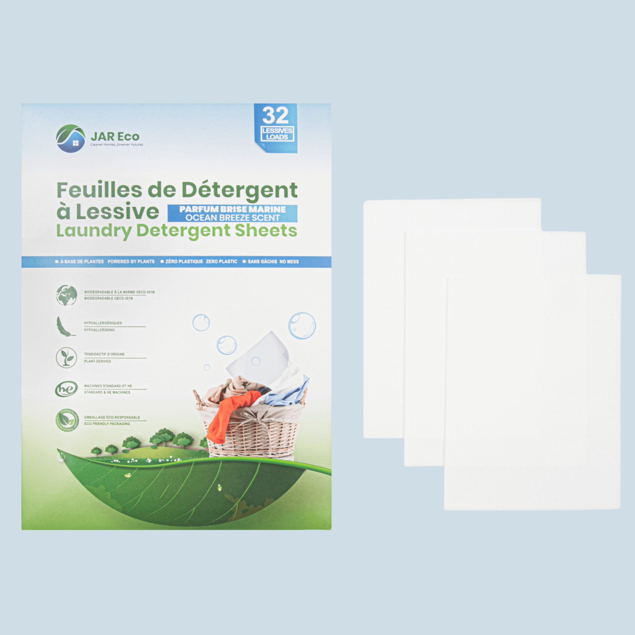 Ocean Breeze laundry detergent sheets package with eco-friendly features, perfect for gentle yet effective cleaning.