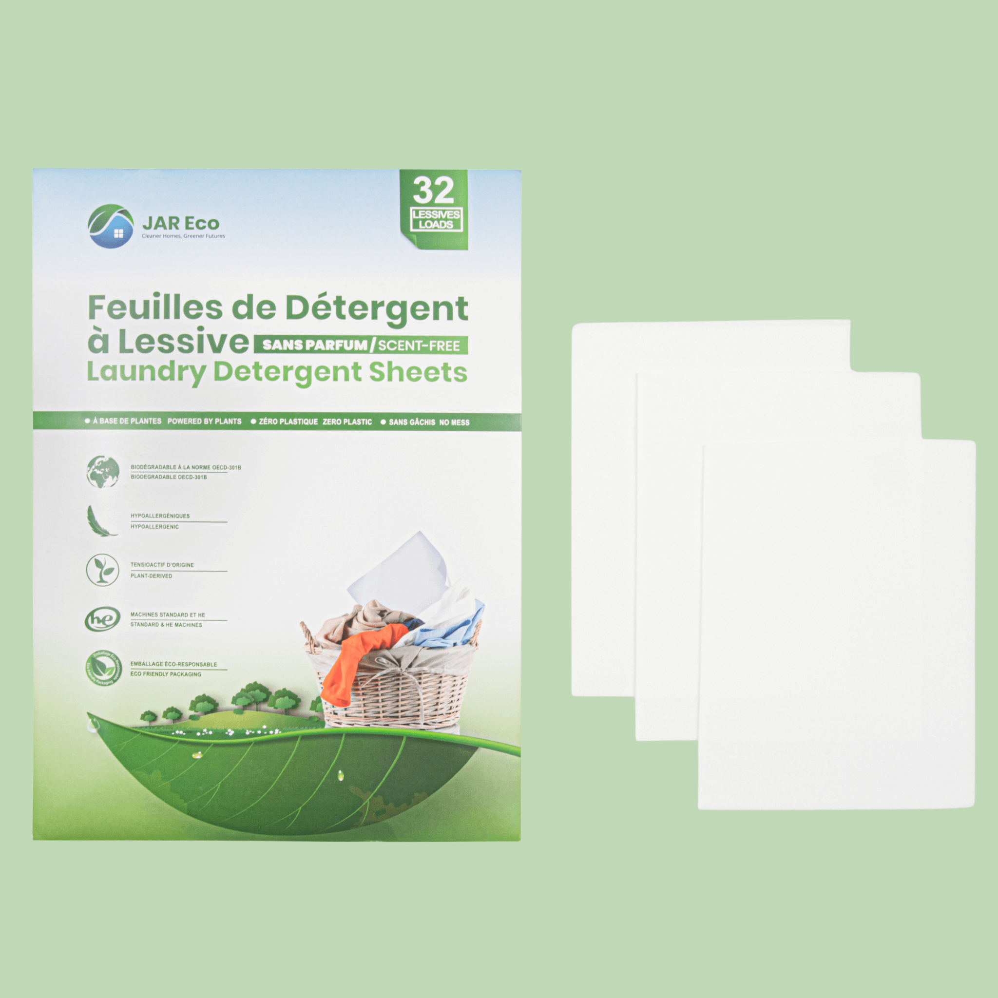 Eco-friendly Scent Free Laundry Detergent Sheets, 32 sheets, plant-based, hypoallergenic, zero waste.