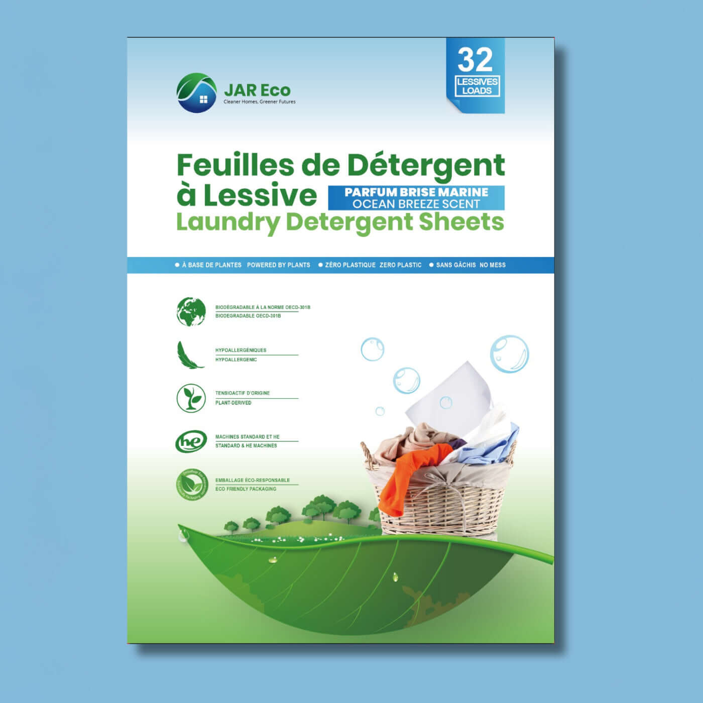 Ocean Breeze Laundry Detergent Sheets packaging, eco-friendly, hypoallergenic, 32 loads, fresh coastal scent.