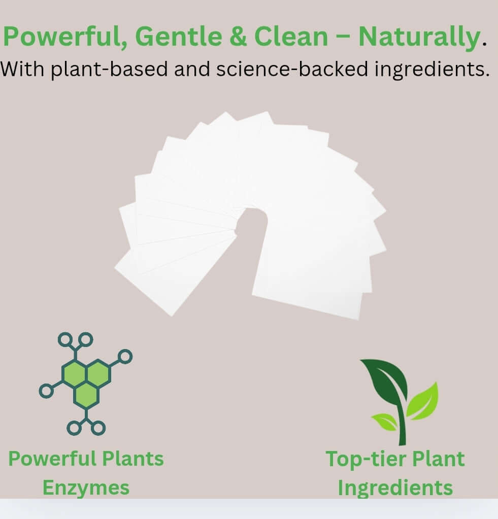 Ocean Breeze laundry sheets showcasing powerful plant-based enzymes and top-tier ingredients for gentle, effective cleaning.